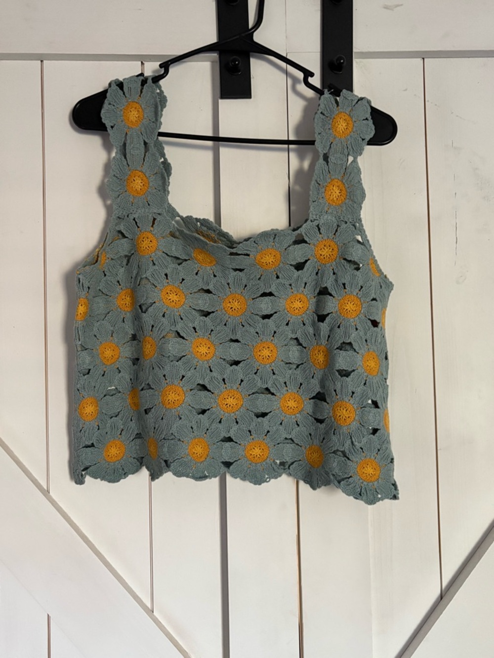 Crochet Daisy Tank Top - Blue with Yellow Floral Accents